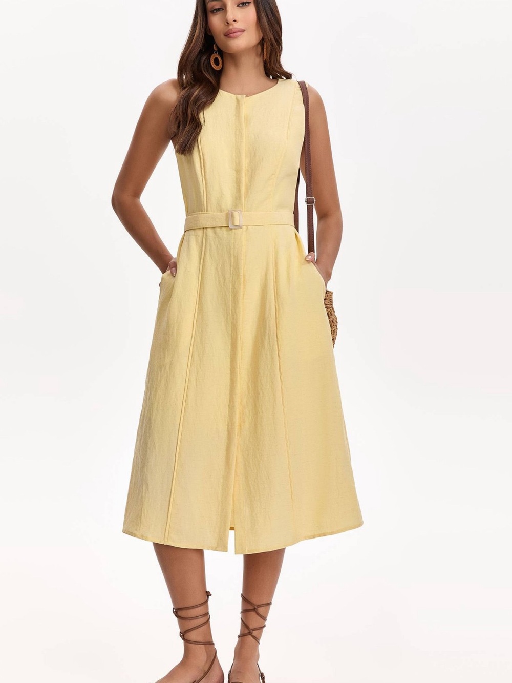 A new day-Sleeveless Belted Midi Dress in Soft Yellow - Picture 2 of 3